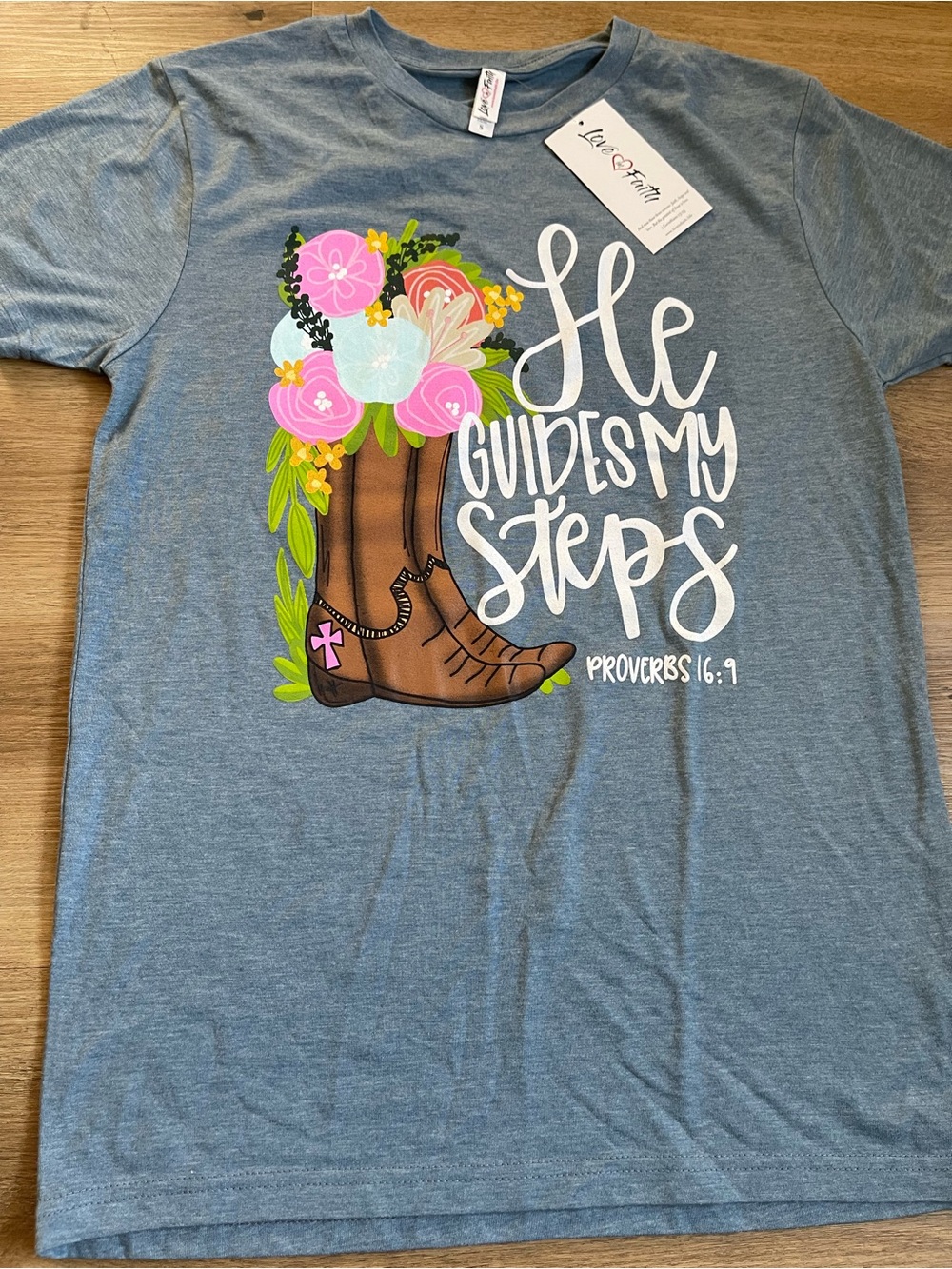 He Guides My Steps Graphic Tee - Blue with Floral Cowboy Boot